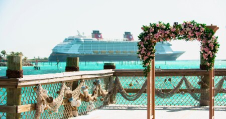 A wedding arch with flowers and greenery on a pier with nautical décor and a cruise ship docked nearby