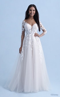 A woman in the Pocahontas wedding gown from the 2021 Disney Fairy Tale Weddings Collection