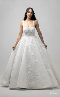 A bride wearing a Snow White inspired ball gown featuring lace detail and a square neckline