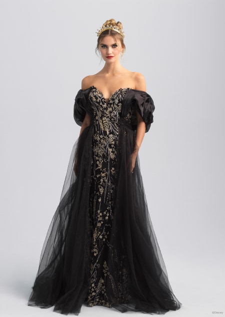 A black and gold off the shoulder wedding dress inspired by the Evil Queen