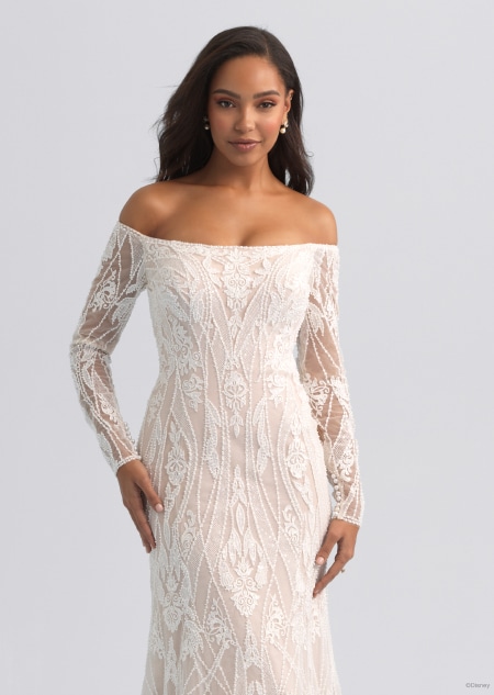 An off the shoulder and long sleeved wedding dress inspired by Jasmine from Aladdin An off the shoulder and long sleeved wedding dress inspired by Jasmine from Aladdin