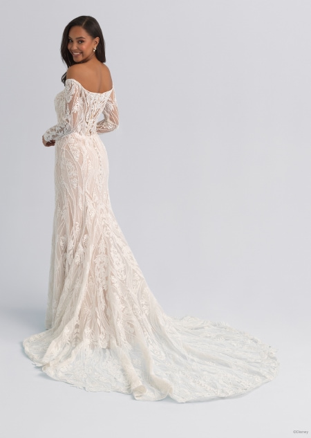 The back of an off the shoulder and long sleeved wedding dress with a long train inspired by Jasmine from Aladdin