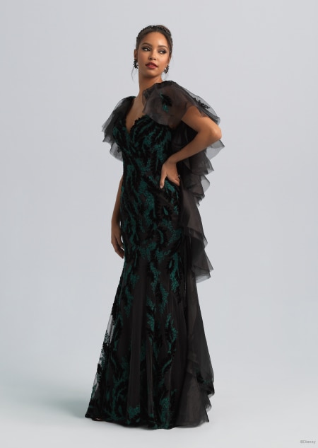 A gauzy black and green wedding dress inspired by Maleficent from Sleeping Beauty