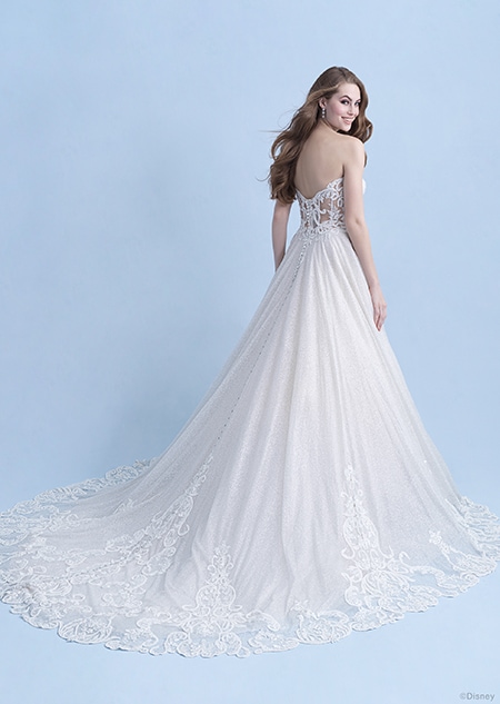 A back side view of a woman wearing the Cinderella wedding gown from the 2021 Disney Fairy Tale Weddings Collection
