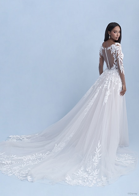 A back side view of a woman wearing the Pocahontas wedding gown from the 2021 Disney Fairy Tale Weddings