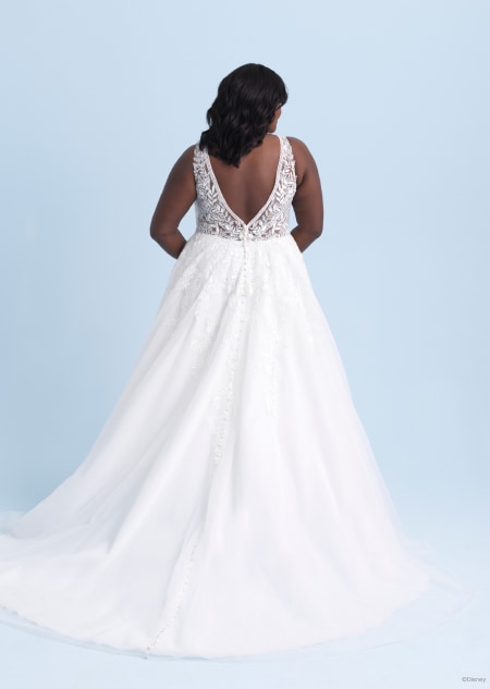 The back of a sleeveless wedding dress inspired by Pocahontas