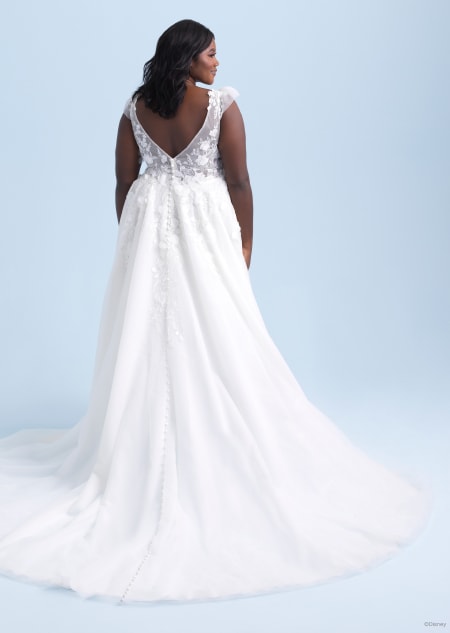 The back of a sleeveless wedding dress inspired by Snow White