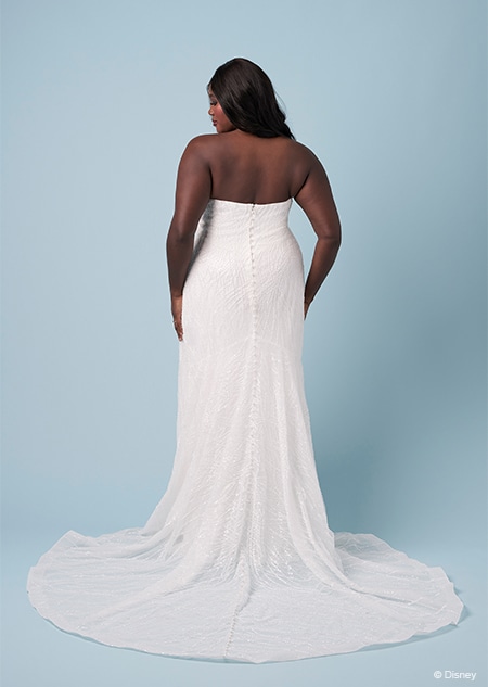 The back of a bride wearing a strapless Ariel inspired sheath gown