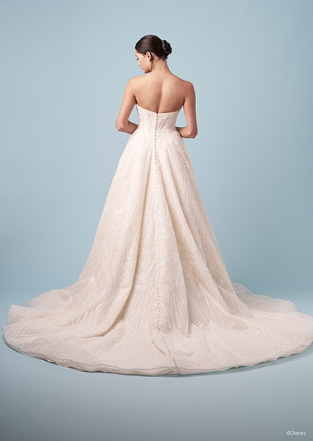 The back of a bride wearing a strapless Tiana inspired A line gown