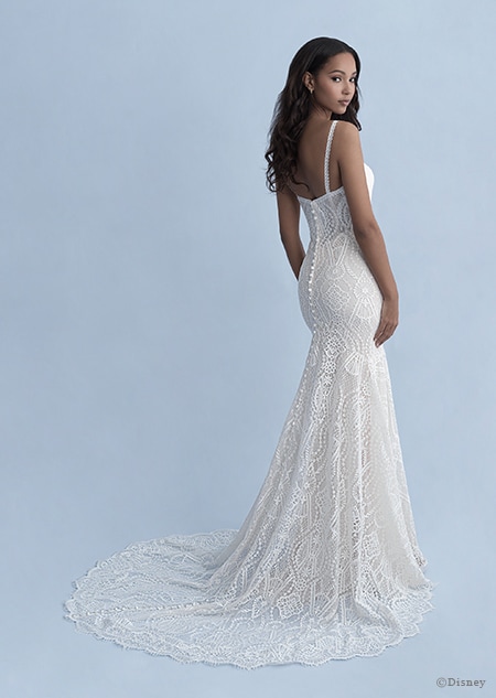 A back side view of a woman wearing the Pocahontas wedding gown from the 2020 Disney Fairy Tale Weddings A back side view of a woman wearing the Pocahontas wedding gown from the 2020 Disney Fairy Tale Weddings