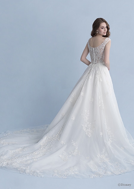 A back side view of a woman in the Snow White wedding gown from the 2020 Disney Fairy Tale Weddings 