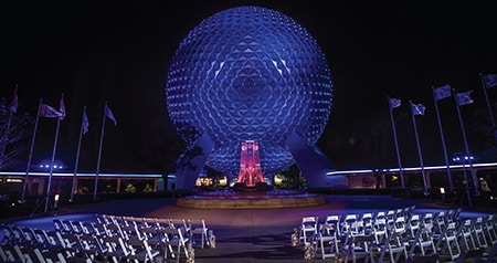 The Spaceship Earth attraction in the World Celebration Gardens decorated for a wedding ceremony