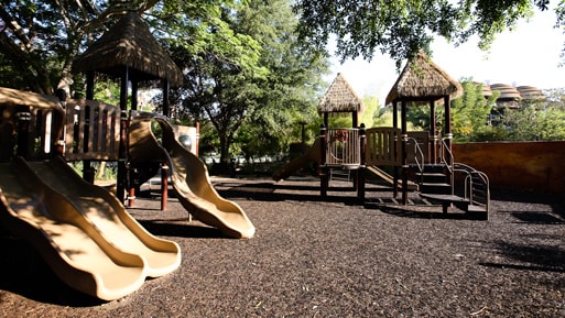 A playground with slides and bridges