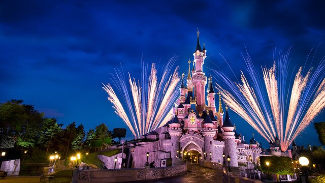Fireworks behind Sleeping Beauty Castle at Disneyland Park in Paris