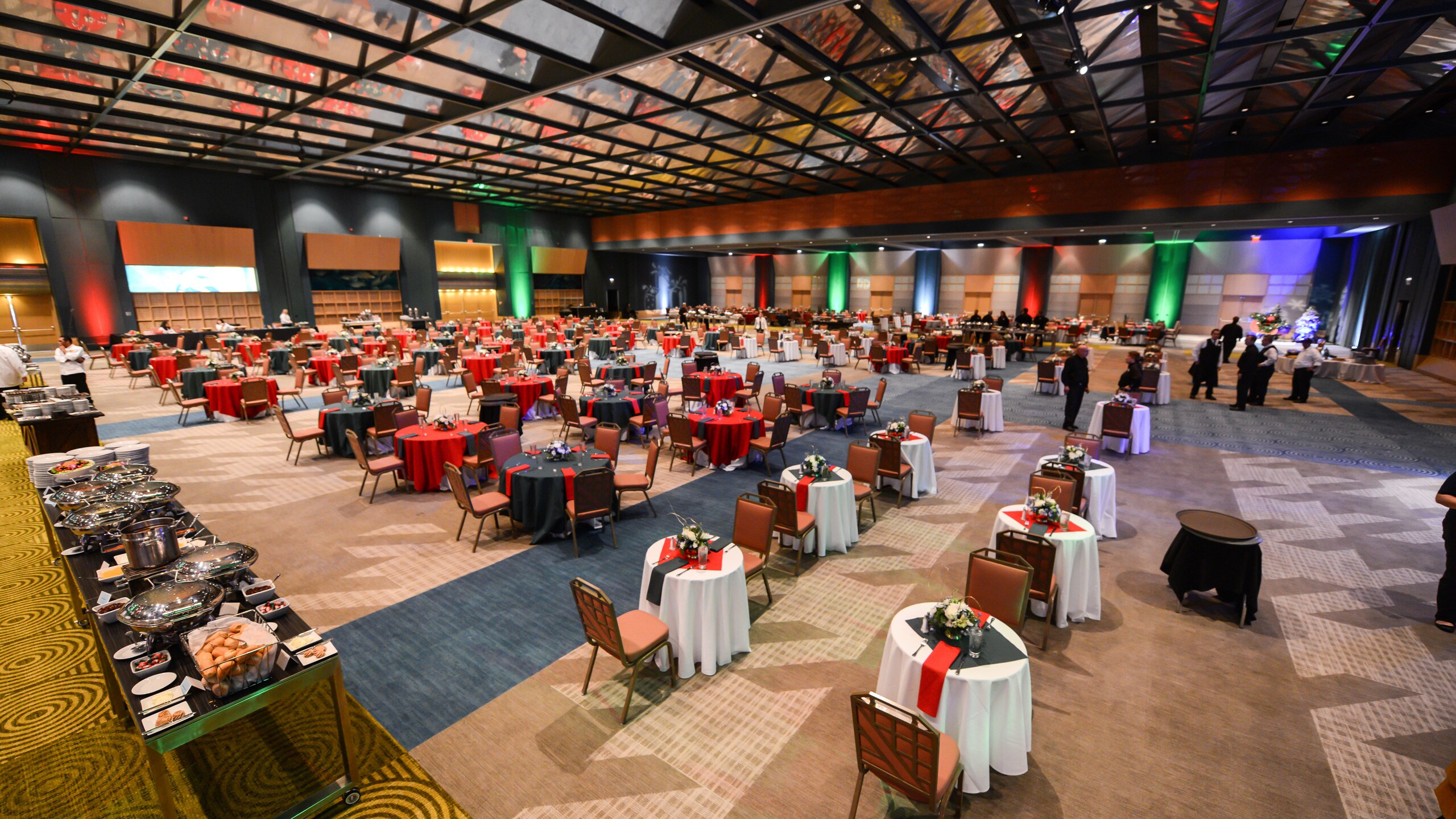 A large banquet room set up for a buffet meal A large banquet room set up for a buffet meal