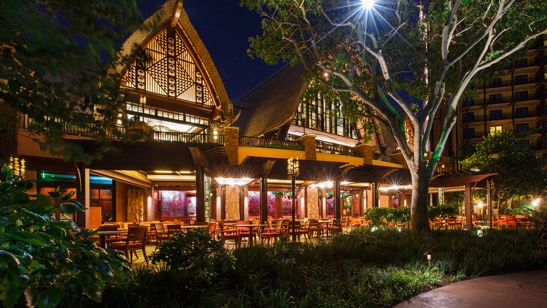 The exterior of Makahiki – The Bounty of the Islands restaurant, illuminated at night