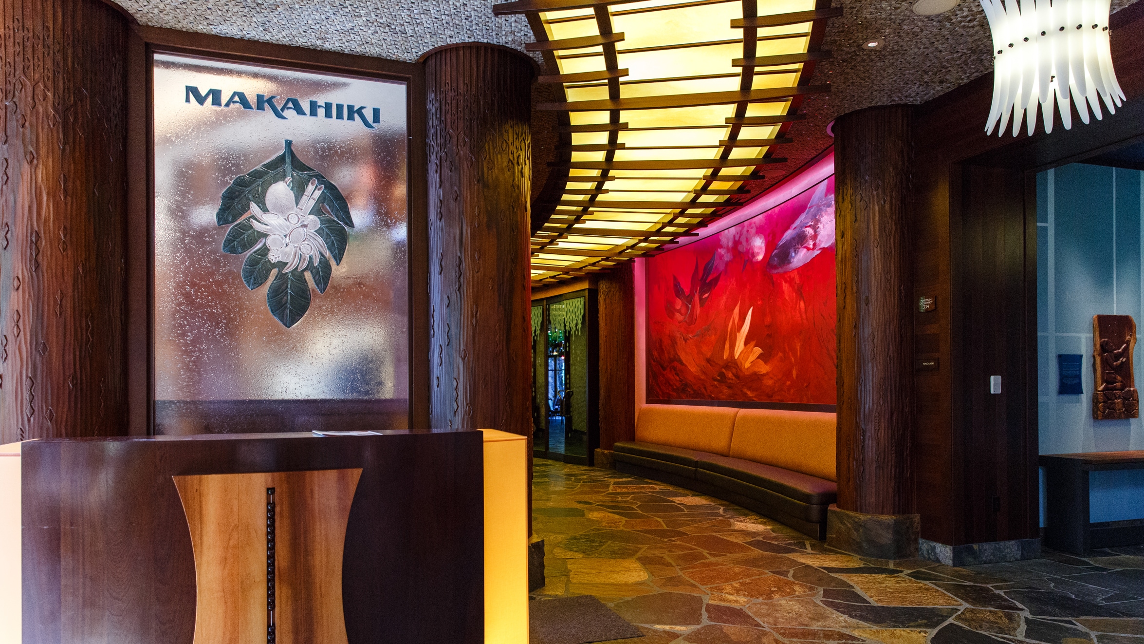 A sign that reads ‘Makahiki’ at the entrance to the restaurant