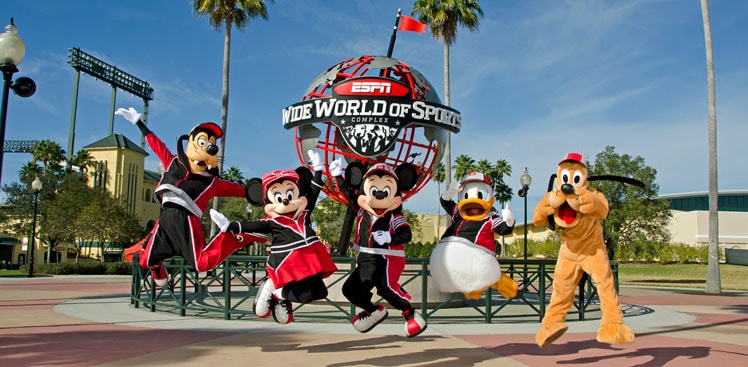 Goofy, Minnie Mouse, Mickey Mouse, Donald Duck and Pluto, all in athletic outfits, leap into the air in front of a large globe that reads ‘ESPN Wide World of Sports Complex’