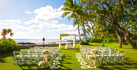 A wedding ceremony set up on a beach at Aulani, a Disney Resort & Spa, in Kapolei, Hawaii